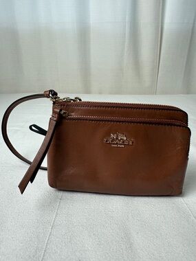 Coach Cognac Leather Double Zip Wristlet